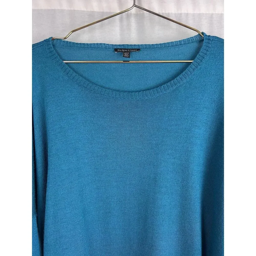 Eileen Fisher Sweater Merino Asym Pullover Teal Coastal Grandma Lagenlook Beachy - Picture 2 of 6